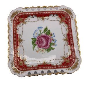 Sorelle Dessert Appetizer‎ Plate Red White Gold Rose Pattern Reticulated Heart
